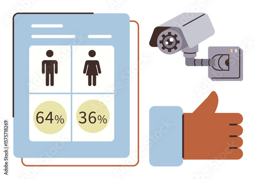 Data chart analyzing male and female statistics, surveillance camera monitoring, and approval hand gesture. Ideal for analytics, research, surveillance, data security, demographic study, approval