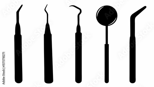 Silhouette depiction of dental instruments including probes and a mirror in a row formation
