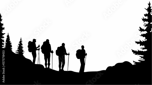 Silhouette of four hikers with backpacks and trekking poles in a mountainous landscape with trees