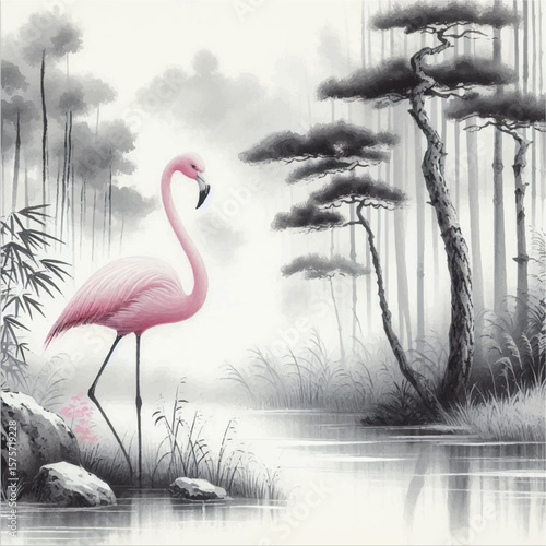 Illustration of a pink flamingo by a lake in the forest. The painting is made in the technique of Chinese watercolor. Vector graphics. EPS.