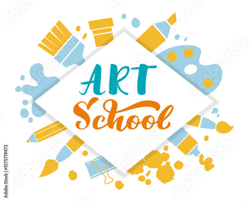 Colorful art school logo incorporating paintbrushes, pencils, paint tubes, and a palette, celebrating creativity, artistic expression, and the joy of learning in visual arts education