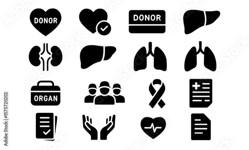 Organ donation icons set: heart, lung, liver, kidney, and medical symbols