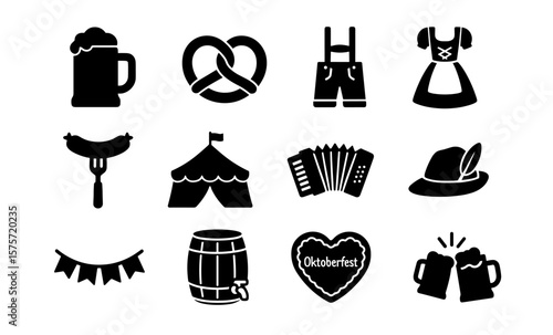 Oktoberfest icons: bavarian symbols in minimalist silhouette for festive design