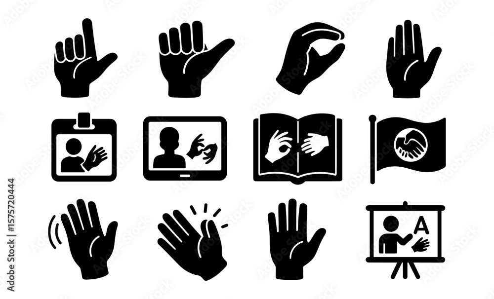Fototapeta premium Sign language icons set in silhouette style for communication and accessibility