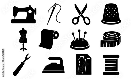 Sewing tools silhouette collection: scissors, needle, thread, and more