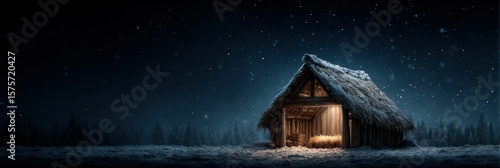 Snowy night scene featuring a rustic thatched-roof barn illuminated by warm light in a forest setting