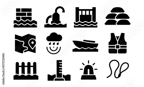 Water safety icons: flooding, boating, and emergency symbols in bold silhouette design