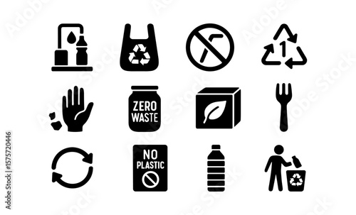 Eco-friendly icons set for plastic waste reduction and recycling awareness