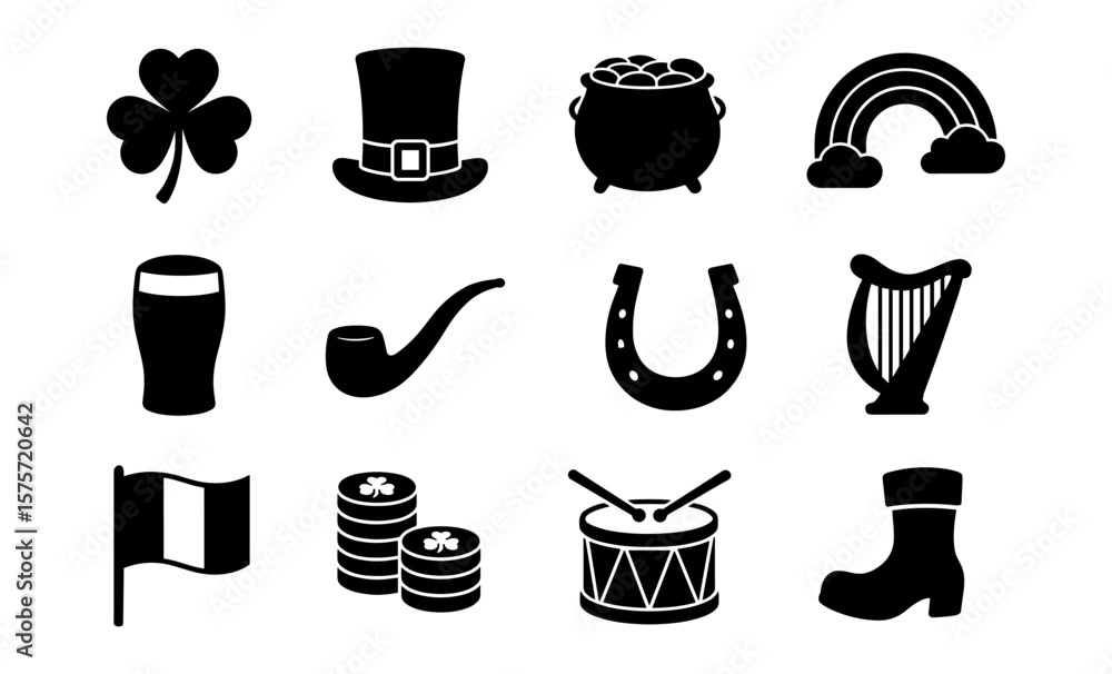 Fototapeta premium Irish culture icons: silhouette set featuring shamrock, leprechaun hat, pot of gold, and more