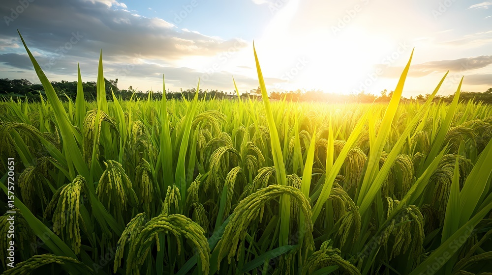 Obraz premium Lush rice paddy field at sunrise.