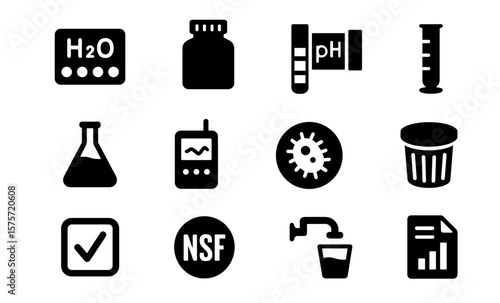 Laboratory equipment icons: test kit, sample, turbidity, lab flask, data logger