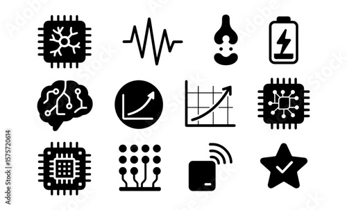 Tech symbols set: circuit, brain, battery, graph icons in monochrome style