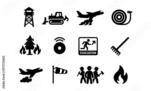 Firefighting equipment and safety icons set in solid style