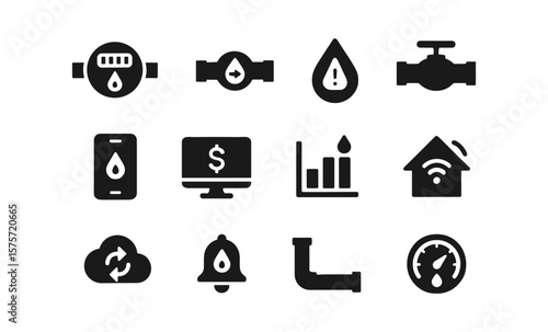 Smart water meter icons: flow sensors, leak alerts, valve control, and more