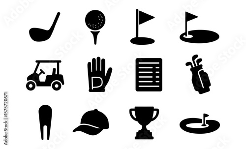 Golf equipment and symbols in minimalist black icons set