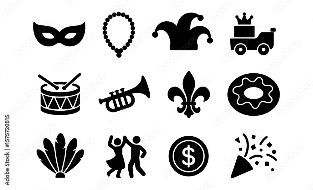 Fototapeta premium Mardi gras icons collection featuring mask, beads, party hat, and celebratory symbols