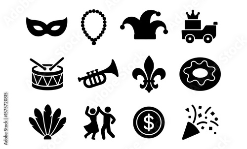 Mardi gras icons collection featuring mask, beads, party hat, and celebratory symbols