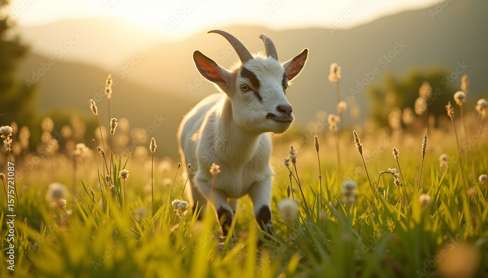 Charming white goat standing in a lush green meadow at golden hour sunset Charming white goat standing in a lush green meadow at golden hour sunset