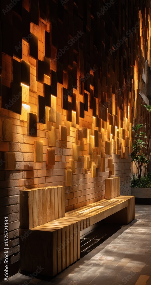 Fototapeta premium Modern Wooden Bench Against Brick Wall with Decorative Wood Blocks and Lighting, Representing Architectural Innovation and Urban Relaxation : Generative AI