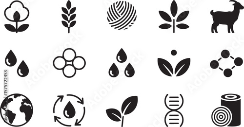 Collection of simple black icons representing natural resources agriculture sustainability and scientific elements on a white background