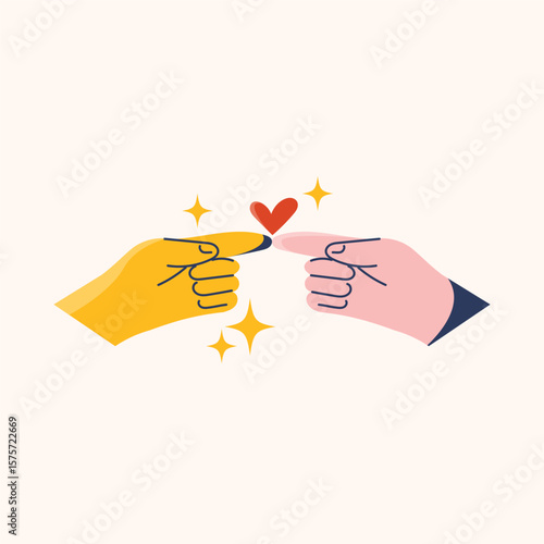 Love Connection Vector. Flat design illustration of two fingers touching a heart. Romance, relationships, partnership, care, and affection concepts