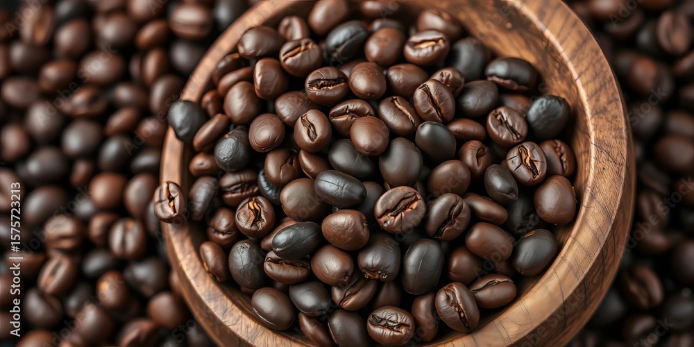 Fototapeta premium Dark roasted coffee beans in rustic wooden bowl, natural, latte