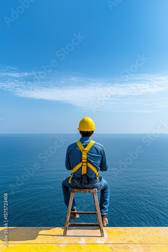 Worker in Safety Gear Gazing at Ocean from Construction Site