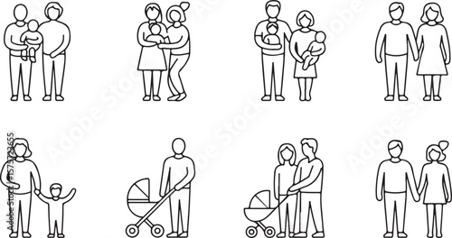 Collection of simple line art icons depicting diverse family structures including parents with babies toddlers children and couples with strollers symbolizing family life and parenting