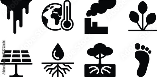 Black Icons Representing Environmental Issues and Sustainable Solutions