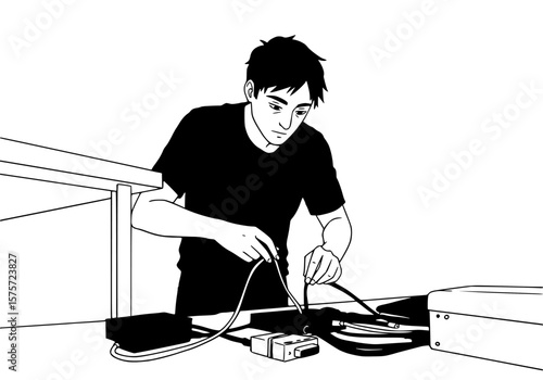 IT technician connecting cables under desk, black, white background