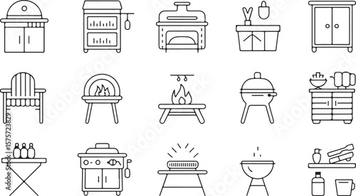Collection of outdoor cooking and dining icons including grills ovens chairs tables and accessories for backyard entertaining and summer barbecues