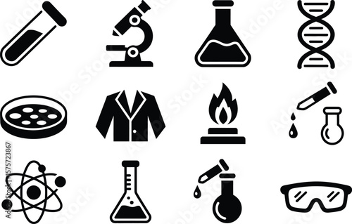 Science Lab Icons: Test Tubes Microscope Flasks D N A Atom Petri Dish