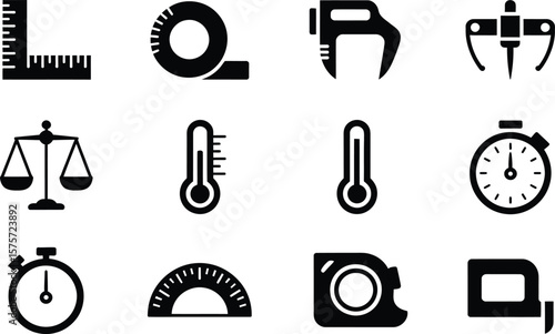 Black and White Measurement Tools Icons Ruler Tape Measure Calipers Thermometer Stopwatch