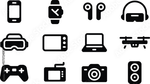 Black and White Technology Icons Smartphone Watch Earbuds Headphones Laptop Drone