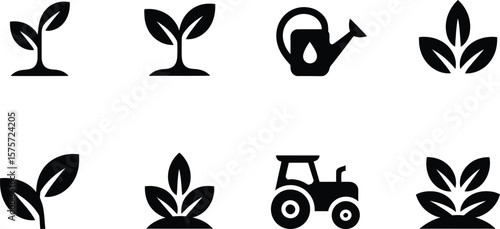 Black and white farming icons of plants watering can and tractor on white background