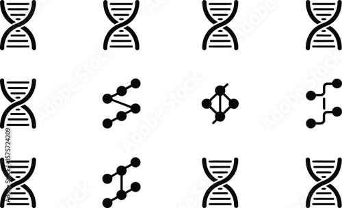 Black and White D N A and Molecular Structure Icons on White Background