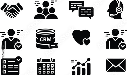 Black and White Business Icons Set Handshake Team Chat Support C R M Heart Calendar Graph Envelope