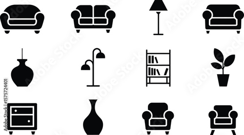 Black and white furniture and decor icons set on white background