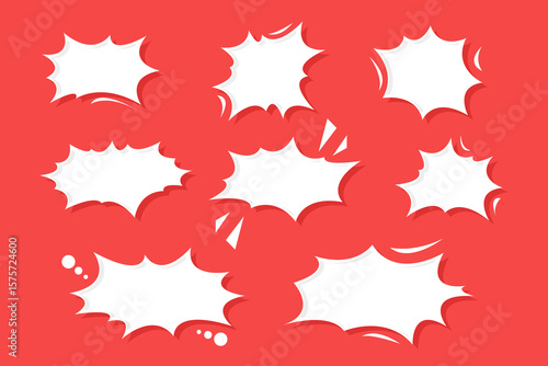 Set of comic speech bubbles, abstract bubbles with soft gray shadows. Vector set illustration. chat bubbles. manga speech bubbles on red background