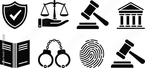 Black and white legal icons including scales gavel shield handcuffs and fingerprint