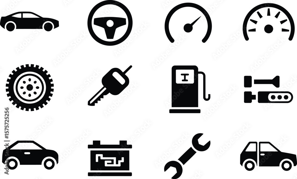Fototapeta premium Black Car Icons Steering Wheel Speedometer Tire Key Fuel Battery Wrench