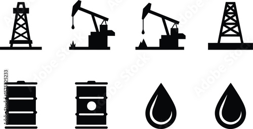 Black Oil Industry Icons: Oil Rigs, Barrels, and Oil Drops Silhouettes