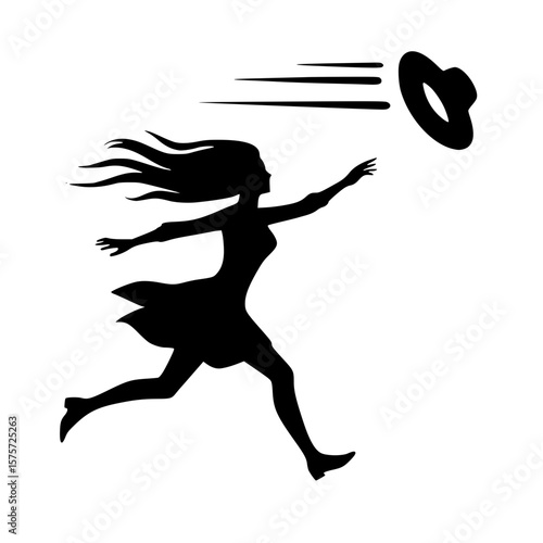 Woman chasing hat icon, black silhouette, wind-blown motion, reaching arm, minimal funny clipart