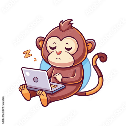 Funny monkey dozing off during Zoom call vector illustration, adorable sleepy animal character in work-from-home office scene, perfect for humor and business concepts.