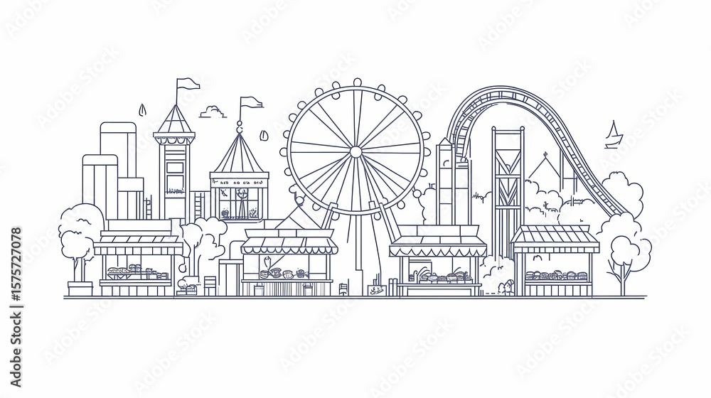 Fototapeta premium Linear illustration of a funfair or amusement park.