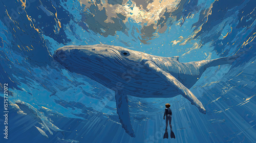 Freediver encounters a giant whale in crystal-clear ocean waters