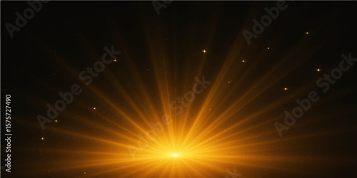Abstract golden sunrise light with glowing horizon and radiant sparkle beams