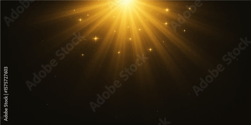 Glowing yellow sunburst rays with light particles on a dark abstract background