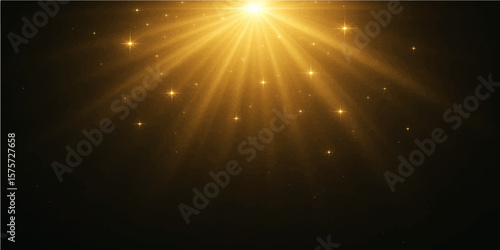 Golden star rays bursting on deep black background with glowing shine particles
