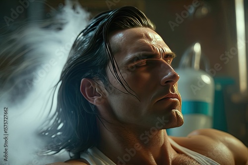 Close-up facial profile of a man washing his hair in the shower